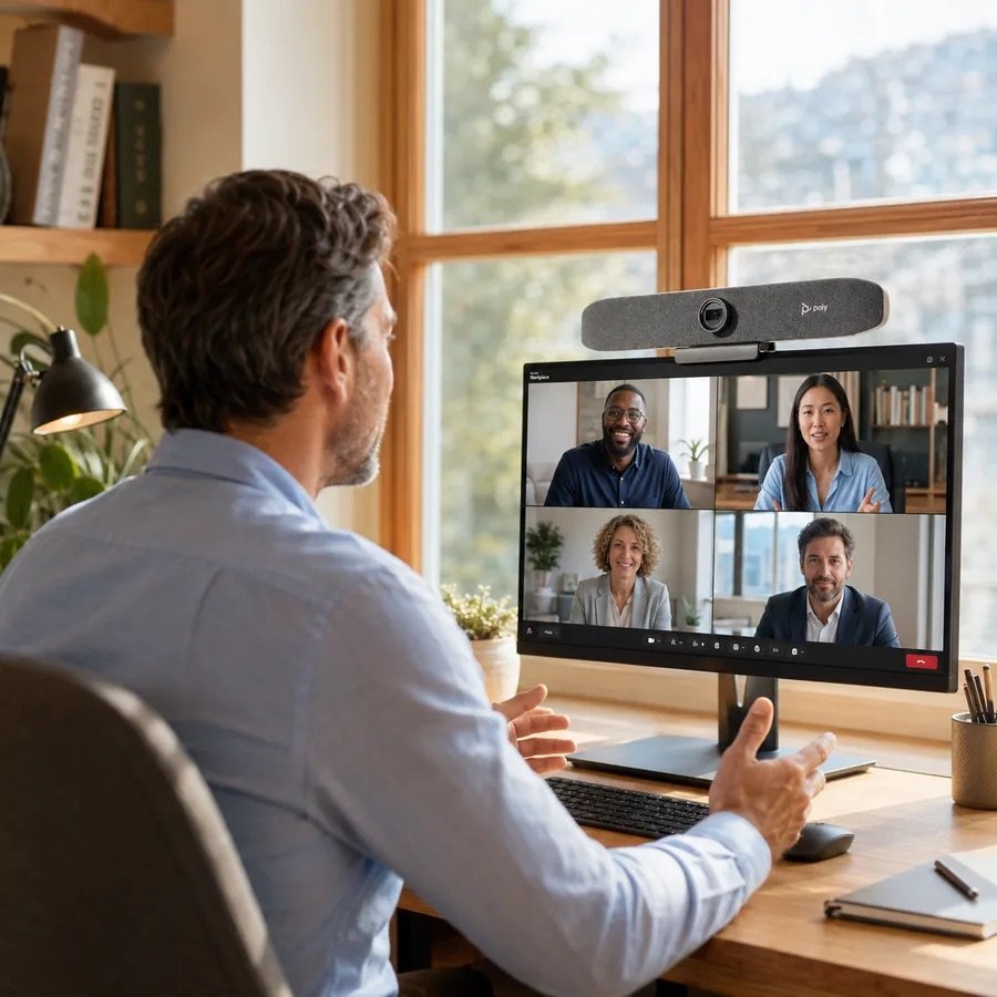 Mann am Schreibtisch am Fenster in einer Videokonferenz, Bildschirm mit vier Teilnehmern und Konferenzkamera darüber