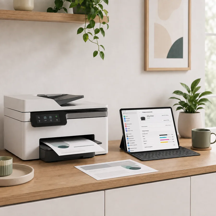 Multifunktionsdrucker auf einer Anrichte, daneben ein Tablet mit den geöffneten Druckereinstellungen
