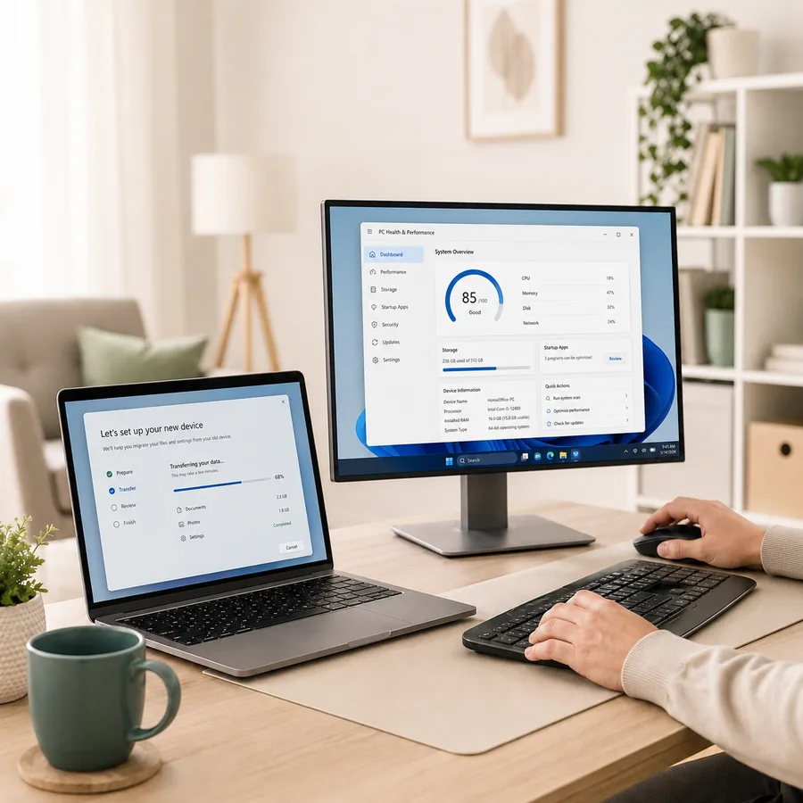 Laptop und Monitor auf einem hellen Schreibtisch, auf dem Bildschirm die Systemeinstellungen von Windows