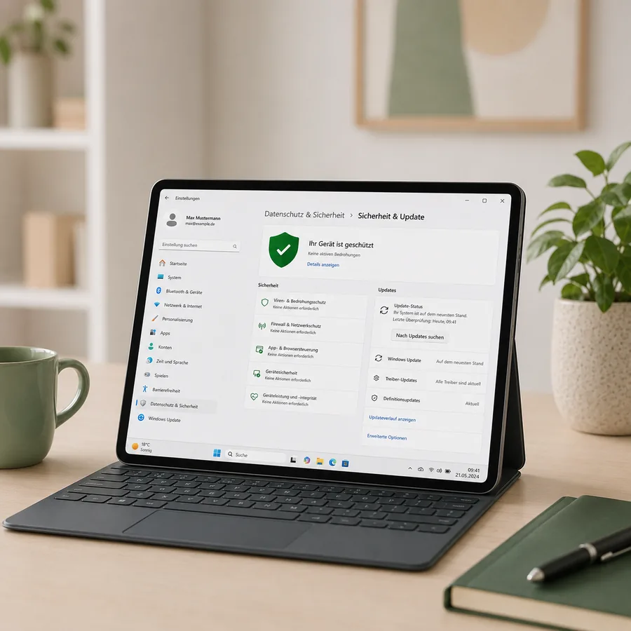 Tablet mit den geöffneten Windows-Einstellungen, zu sehen ist die Meldung, dass das Gerät geschützt ist