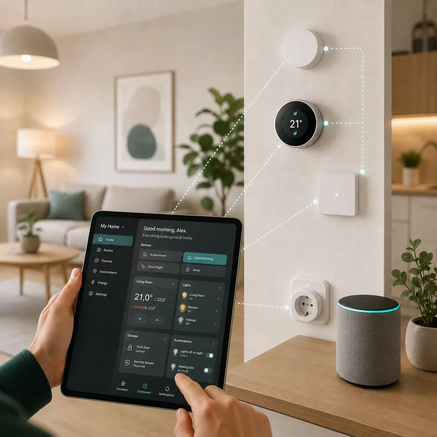 Hand bedient ein Tablet mit einer Smart-Home-App, an der Wand ein Thermostat und weitere smarte Geräte