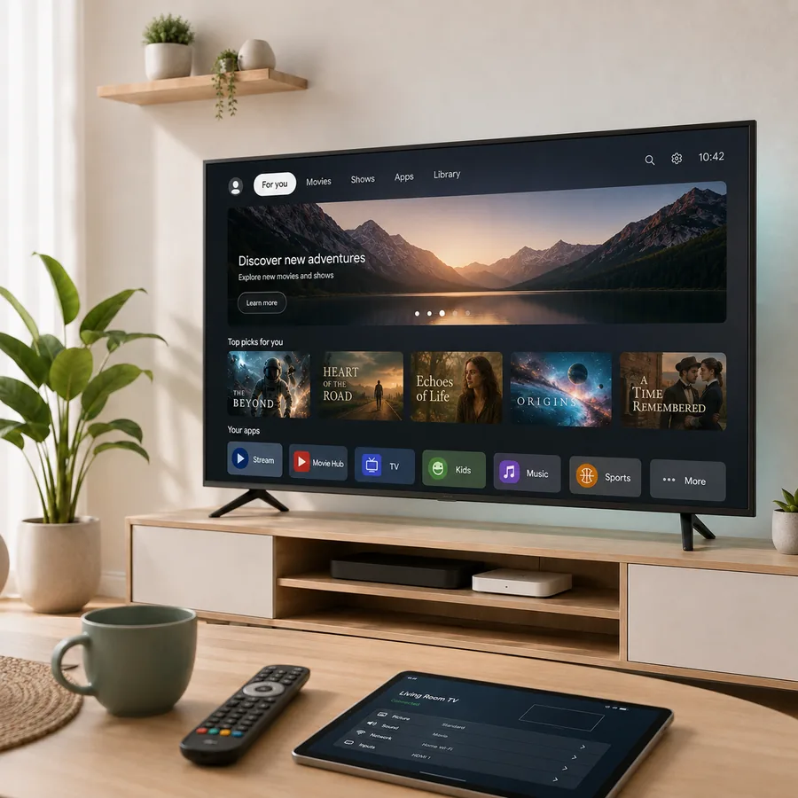 Fernseher an der Wohnzimmerwand mit der Startseite eines Streamingdienstes, davor Fernbedienung und Tablet