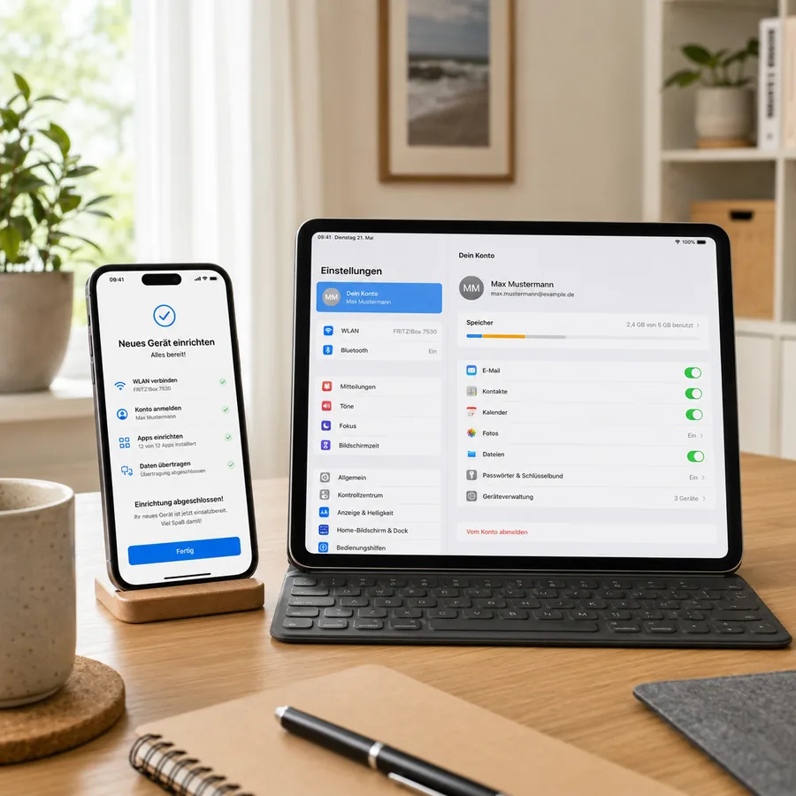 Smartphone und Tablet nebeneinander auf einem Tisch, auf dem Handy läuft die Einrichtung eines neuen Geräts