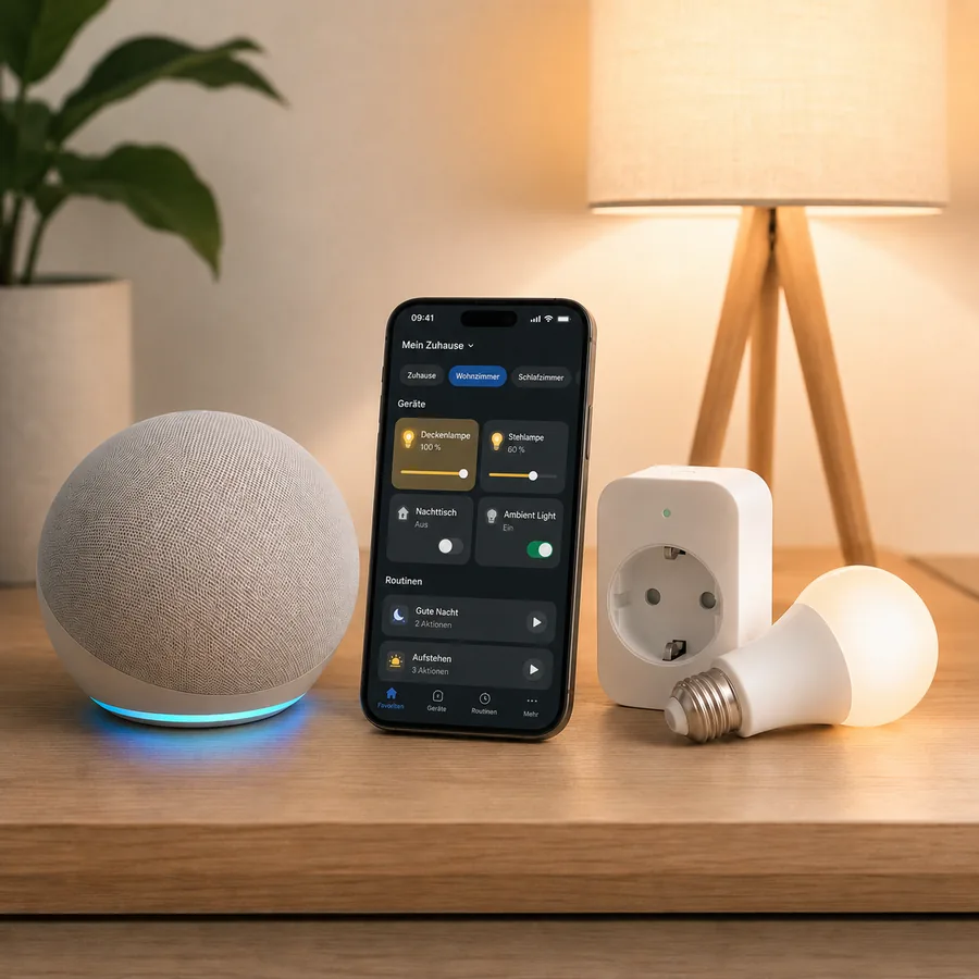 Sprachassistent, Smartphone mit Smart-Home-App, smarte Steckdose und LED-Lampe auf einer Kommode