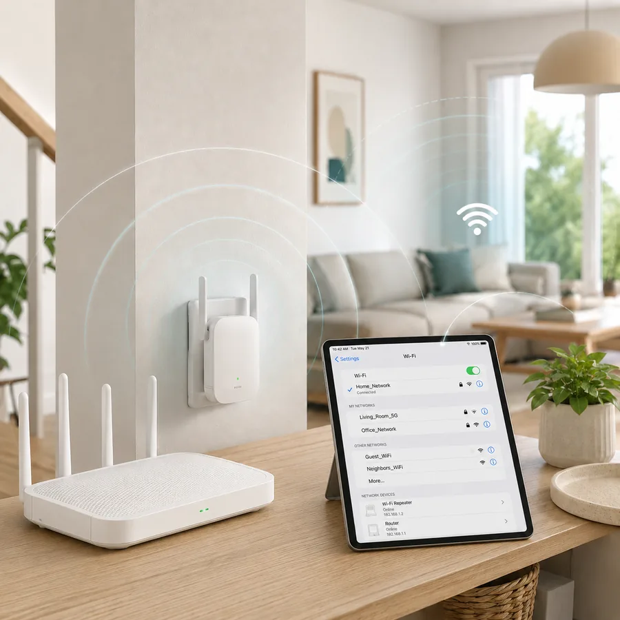 Router und WLAN-Repeater im Wohnzimmer, daneben ein Tablet mit der Liste der verfügbaren Netzwerke