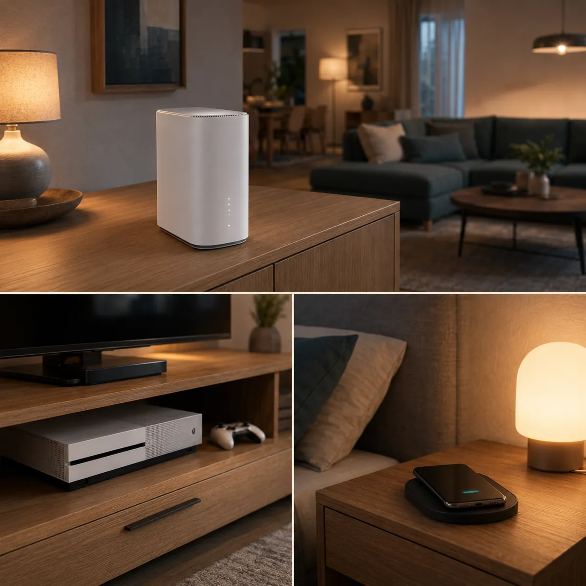 Router im Wohnzimmer, Spielekonsole am Fernseher und Smartphone auf einer Ladeschale