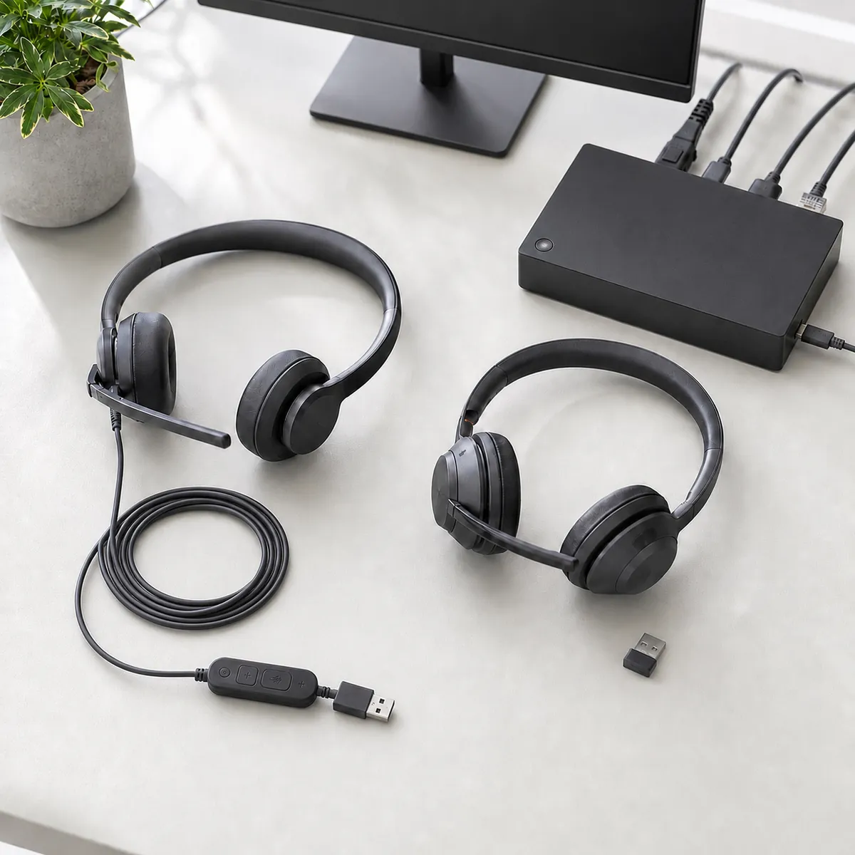 Zwei Headsets mit Kabel und Funk neben einer Dockingstation am Schreibtisch