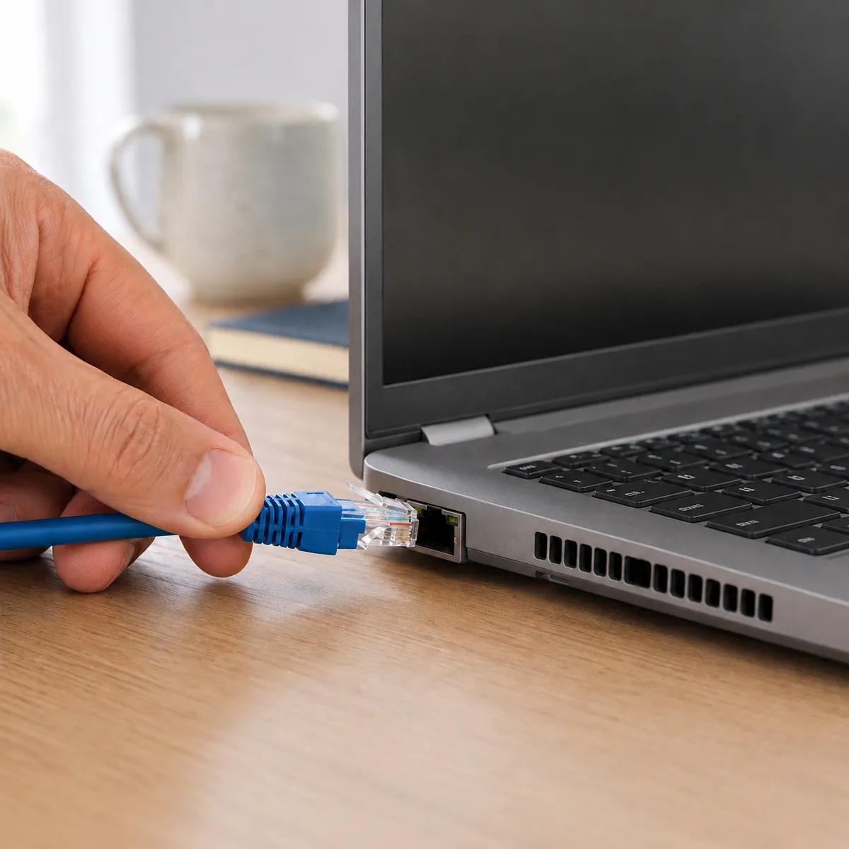 Hand steckt ein blaues Netzwerkkabel in die Buchse eines Notebooks